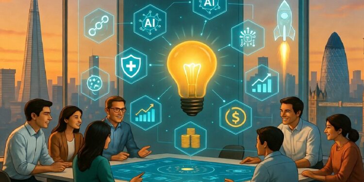 “Seis personas reunidas alrededor de una mesa digital con hologramas de innovación y tecnología, en una oficina con vista a rascacielos de Londres.