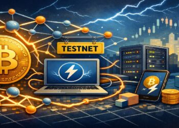 Imagen compuesta de varios simbolos de lightning network y monedas de bitcoin.