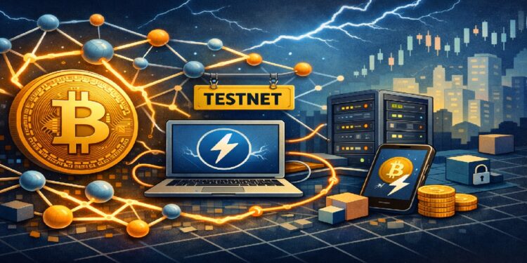 Imagen compuesta de varios simbolos de lightning network y monedas de bitcoin.