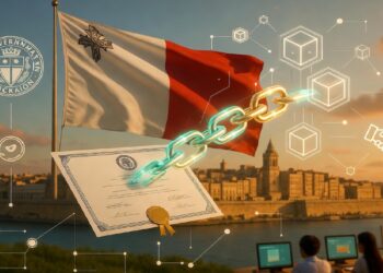 Bandera de Malta ondeando frente a La Valeta con gráficos de cadena digital y certificado, simbolizando adopción de blockchain en educación y gobierno dentro del país.
