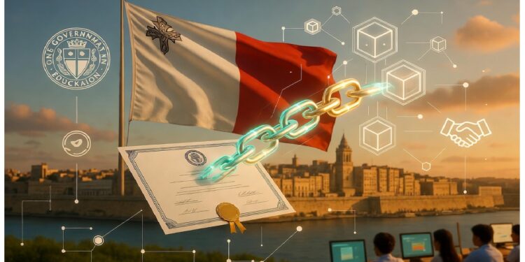 Bandera de Malta ondeando frente a La Valeta con gráficos de cadena digital y certificado, simbolizando adopción de blockchain en educación y gobierno dentro del país.