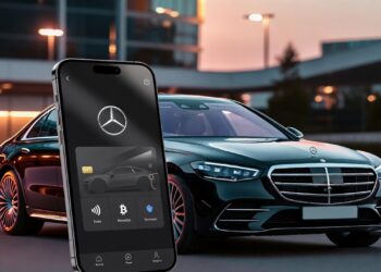 Sedán Mercedes-Benz negro estacionado frente a un edificio moderno, acompañado de un teléfono que muestra una app con controles del vehículo.