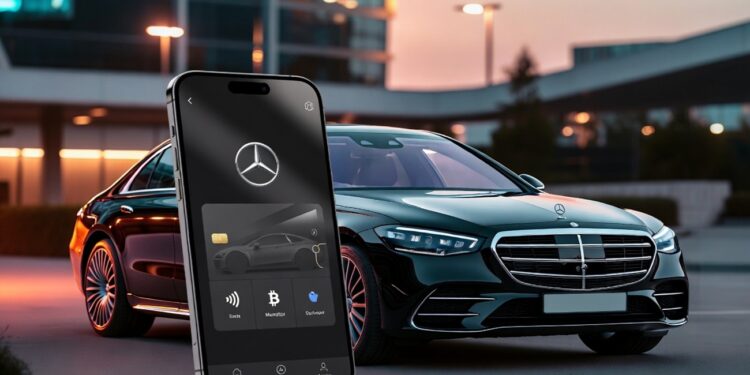 Sedán Mercedes-Benz negro estacionado frente a un edificio moderno, acompañado de un teléfono que muestra una app con controles del vehículo.
