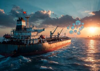 Barco de carga navegando al atardecer frente a una ciudad, con patrones hexagonales brillantes flotando alrededor que evocan tecnología y redes digitales aplicadas al sector marítimo y logístico.