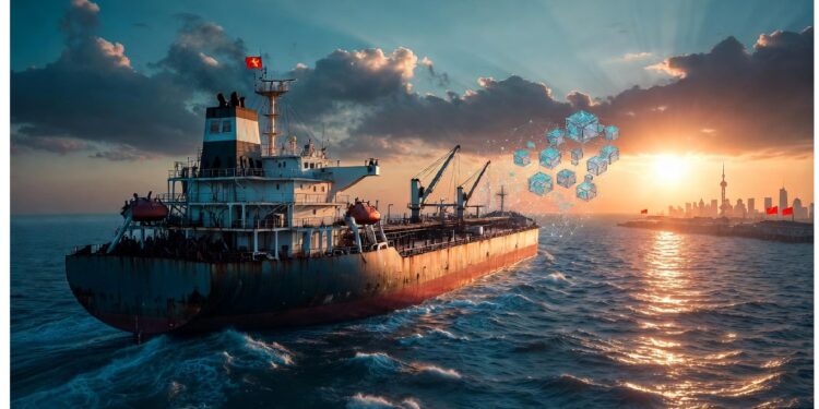 Barco de carga navegando al atardecer frente a una ciudad, con patrones hexagonales brillantes flotando alrededor que evocan tecnología y redes digitales aplicadas al sector marítimo y logístico.