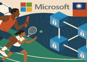 Deportistas corriendo a una meta donde estan bloques de blockchain con el logo de microsoft y la bandera de taiwan al fondo.