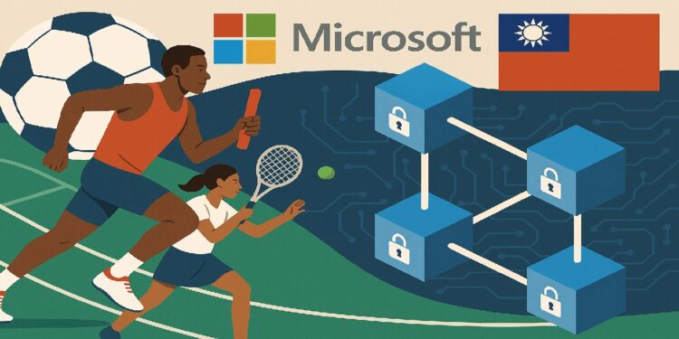 Deportistas corriendo a una meta donde estan bloques de blockchain con el logo de microsoft y la bandera de taiwan al fondo.