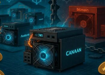 Máquinas de minería de criptomonedas conectadas por cadenas brillantes, con equipos etiquetados como Canaan, AvalonMiner y Bitmain rodeados de símbolos de Bitcoin en un entorno digital estilizado.