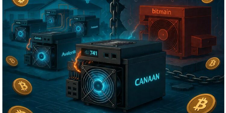 Mรกquinas de minerรญa de criptomonedas conectadas por cadenas brillantes, con equipos etiquetados como Canaan, AvalonMiner y Bitmain rodeados de sรญmbolos de Bitcoin en un entorno digital estilizado.