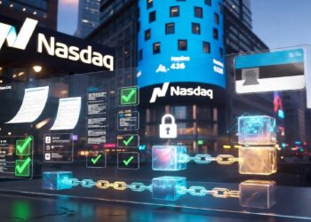 Interfaz holográfica de blockchain frente al edificio de Nasdaq iluminado, con cubos conectados, candado, documentos y marcas de verificación que evocan seguridad y visualización financiera avanzada.