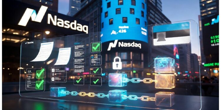 Interfaz holográfica de blockchain frente al edificio de Nasdaq iluminado, con cubos conectados, candado, documentos y marcas de verificación que evocan seguridad y visualización financiera avanzada.