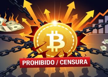 Símbolo dorado de Bitcoin rodeado de cadenas rotas, billetes ardiendo y flechas ascendentes, con una franja roja que dice PROHIBIDO/CENSURA sobre siluetas que evocan tensión financiera.