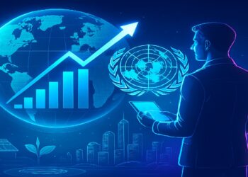 Imagen tonos azules de concepto futurista de finanzas y ONU.