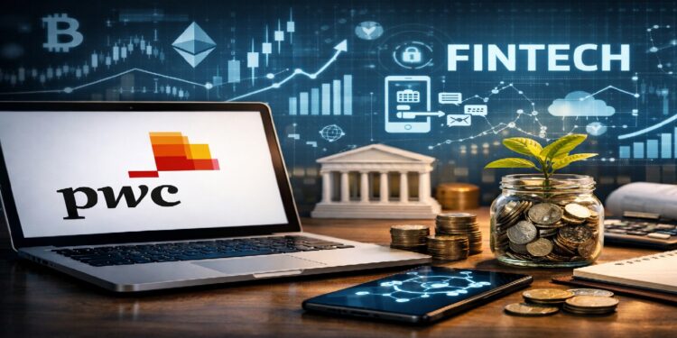 Escritorio con una laptop que muestra el logo de PwC, monedas, un smartphone con icono de blockchain y un frasco con una planta creciendo sobre monedas, acompañado de gráficos digitales y símbolos de criptomonedas