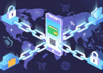 Teléfono con un monedero digital y un código QR conectado por cadenas luminosas a candados y escudos, sobre un mapa mundial con iconos que evocan comercio global, IA y seguridad tecnológica.