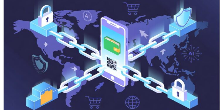 Teléfono con un monedero digital y un código QR conectado por cadenas luminosas a candados y escudos, sobre un mapa mundial con iconos que evocan comercio global, IA y seguridad tecnológica.