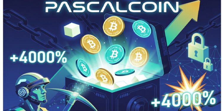 Cámara acorazada abierta liberando monedas Bitcoin, rodeada de flechas de crecimiento, cadenas y +4000%, evocando minería cripto, seguridad digital y alza explosiva del valor.