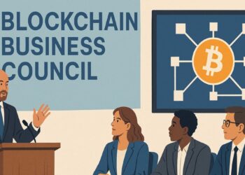 Personas viendo una presentacion del global blockchain business council.