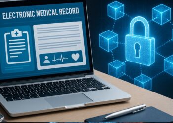 Laptop con imagen de registro medico digital con intrumentos de medicina alrededor.