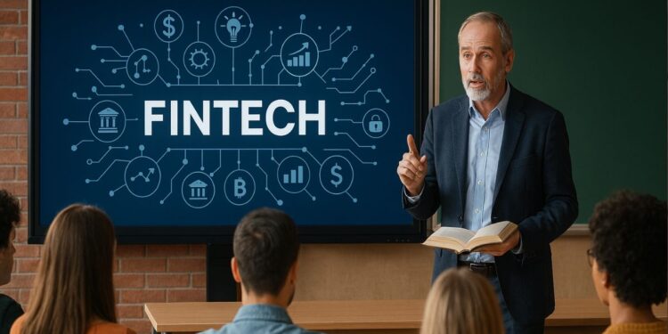 Profesor dando clases de fintech en un salon frente a una pizarra azul.