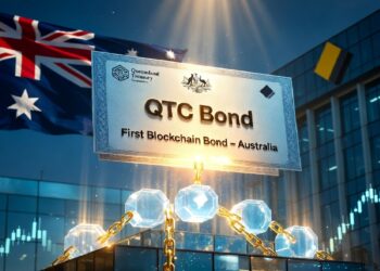 Placa metálica de QTC Bond suspendida por cadenas doradas junto a nodos azules brillantes, con bandera australiana y edificio financiero de fondo que evocan innovación y tecnología blockchain.