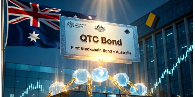 Placa metรกlica de QTC Bond suspendida por cadenas doradas junto a nodos azules brillantes, con bandera australiana y edificio financiero de fondo que evocan innovaciรณn y tecnologรญa blockchain.