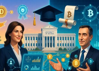 Dos profesionales frente a un edificio universitario con iconos de blockchain y Bitcoin flotando, simbolizando educación en tecnologías digitales y criptomonedas.