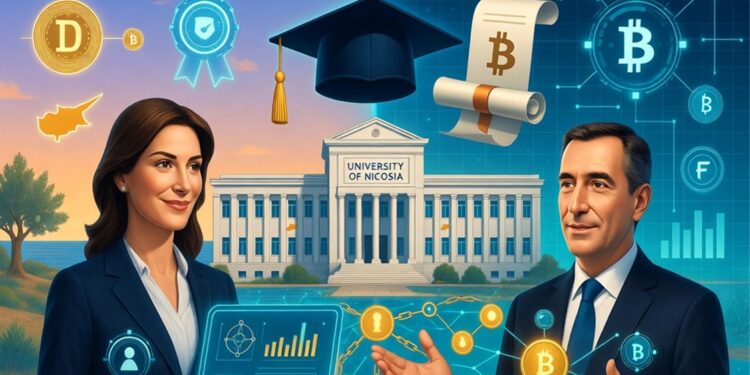 Dos profesionales frente a un edificio universitario con iconos de blockchain y Bitcoin flotando, simbolizando educación en tecnologías digitales y criptomonedas.