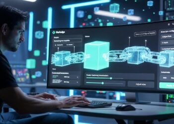 Persona frente a monitor curvo con interfaz de cadena digital y parámetros en nube, en sala futurista iluminada, simbolizando blockchain, IA y control avanzado de datos.