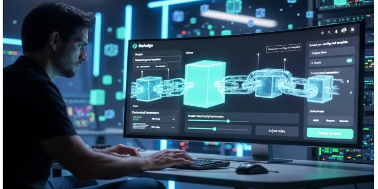 Persona frente a monitor curvo con interfaz de cadena digital y parámetros en nube, en sala futurista iluminada, simbolizando blockchain, IA y control avanzado de datos.
