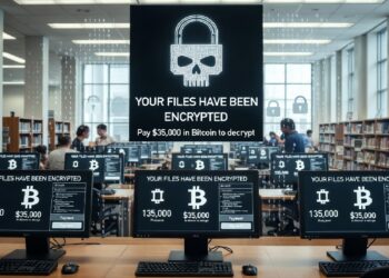 Aula con múltiples computadoras mostrando una advertencia de ransomware con calaveras, candados y exigencia de pago en Bitcoin, sugiriendo un ataque masivo que afecta todos los equipos del lugar.