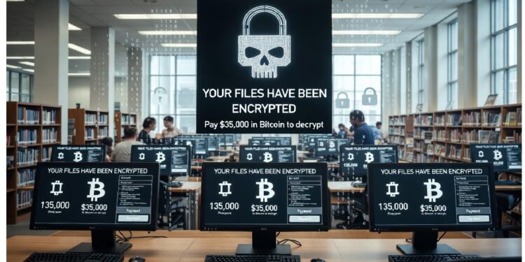 Aula con múltiples computadoras mostrando una advertencia de ransomware con calaveras, candados y exigencia de pago en Bitcoin, sugiriendo un ataque masivo que afecta todos los equipos del lugar.
