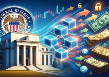 Edificio de la Reserva Federal junto a gráficos digitales, cubos conectados y billetes, simbolizando la convergencia entre banca tradicional y tecnologías financieras modernas.