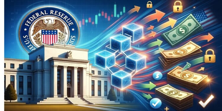 Edificio de la Reserva Federal junto a gráficos digitales, cubos conectados y billetes, simbolizando la convergencia entre banca tradicional y tecnologías financieras modernas.