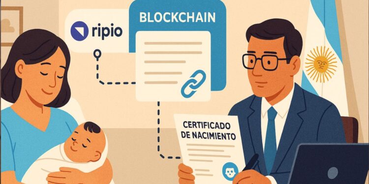 Mujer con hijo recien nacido recibiendo el certificado de nacimiento de un representante de Ripio.