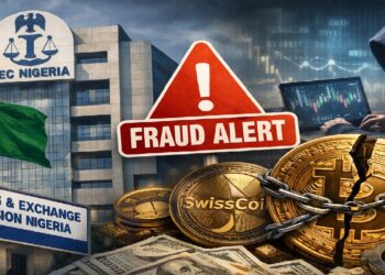 Edificio de la SEC Nigeria con bandera nacional, señal de alerta de fraude y criptomonedas encadenadas junto a billetes y figura encapuchada.