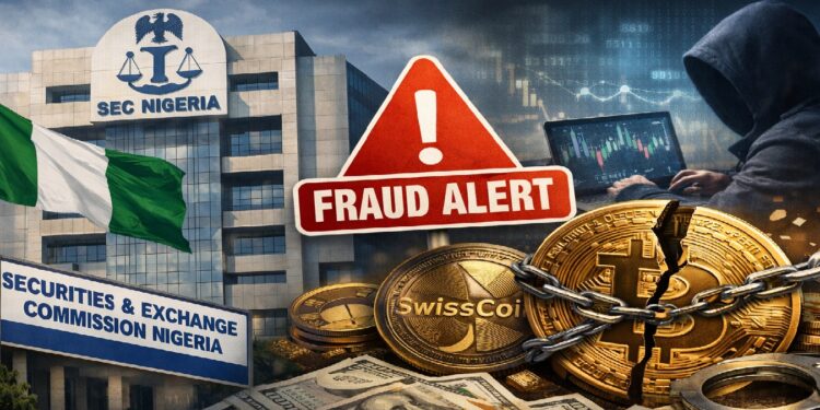Edificio de la SEC Nigeria con bandera nacional, señal de alerta de fraude y criptomonedas encadenadas junto a billetes y figura encapuchada.