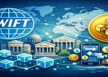 Ilustración editorial sobre SWIFT y más de 90 bancos probando blockchain para pagos internacionales, con símbolos financieros, redes digitales y conectividad global.