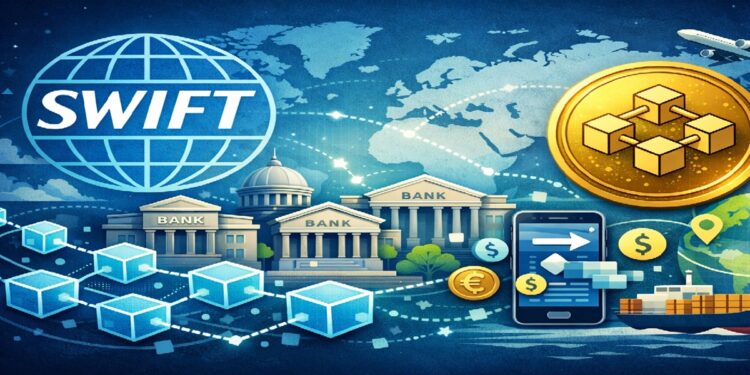 Ilustración editorial sobre SWIFT y más de 90 bancos probando blockchain para pagos internacionales, con símbolos financieros, redes digitales y conectividad global.