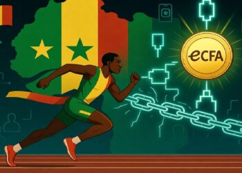 Atleta senegalés corriendo frente a mapa africano con bandera de Senegal y moneda eCFA brillante rodeada de iconos digitales, aludiendo a innovación financiera en África.