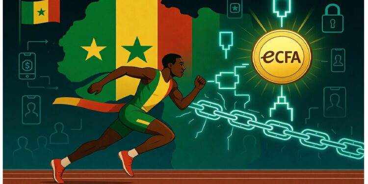 Atleta senegalés corriendo frente a mapa africano con bandera de Senegal y moneda eCFA brillante rodeada de iconos digitales, aludiendo a innovación financiera en África.