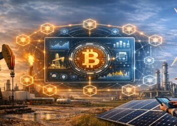 Industria petrolera y energías renovables conectadas por una interfaz blockchain con símbolo de Bitcoin y datos energéticos. Técnico monitorea desde tablet.