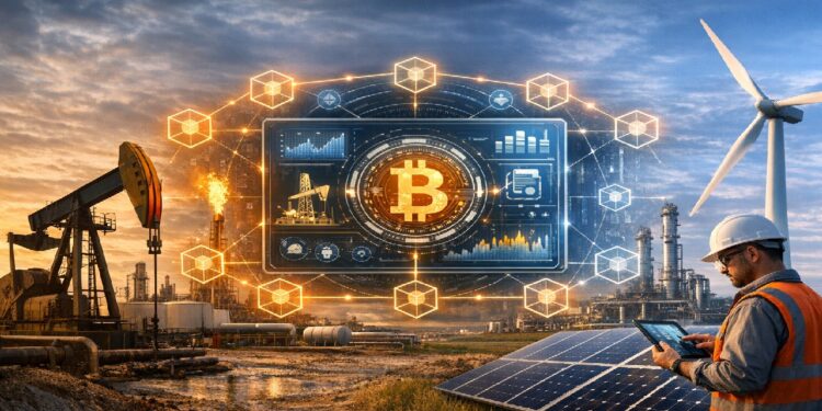 Industria petrolera y energías renovables conectadas por una interfaz blockchain con símbolo de Bitcoin y datos energéticos. Técnico monitorea desde tablet.