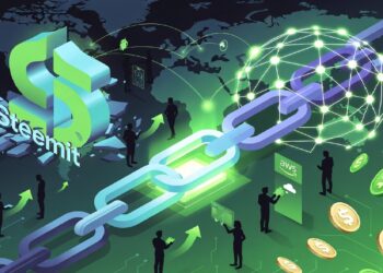 Cadena digital luminosa junto al logo de Steemit, con siluetas interactuando con datos, monedas flotantes y un globo conectado, evocando redes globales y tecnología blockchain en un entorno dinámico.