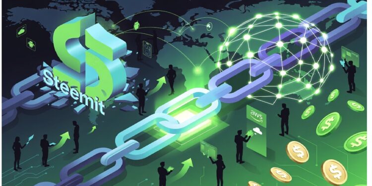 Cadena digital luminosa junto al logo de Steemit, con siluetas interactuando con datos, monedas flotantes y un globo conectado, evocando redes globales y tecnología blockchain en un entorno dinámico.