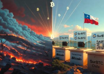 Escena dividida entre paisaje volcánico con Bitcoins emergiendo y zona de donaciones Bitcoin en Chile, simbolizando contraste entre caos cripto y apoyo comunitario digital.
