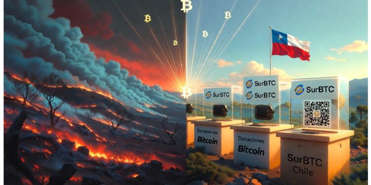 Escena dividida entre paisaje volcánico con Bitcoins emergiendo y zona de donaciones Bitcoin en Chile, simbolizando contraste entre caos cripto y apoyo comunitario digital.