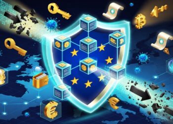 Cubo blockchain con planta creciendo sobre mapa de India, rodeado de iconos cripto, cadenas digitales y profesionales colaborando, simbolizando innovación tecnológica sostenible.