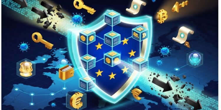 Cubo blockchain con planta creciendo sobre mapa de India, rodeado de iconos cripto, cadenas digitales y profesionales colaborando, simbolizando innovación tecnológica sostenible.