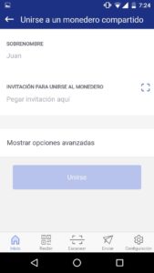 Pantalla de ingreso a monedero compartido multifirma en BitPay